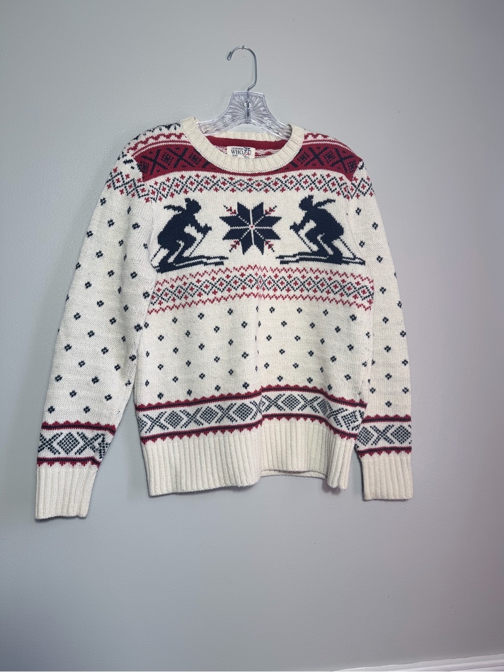 Vintage WHO.A.U California 1849 Ski Fair Isle Knit Sweater Cream Red Navy Small